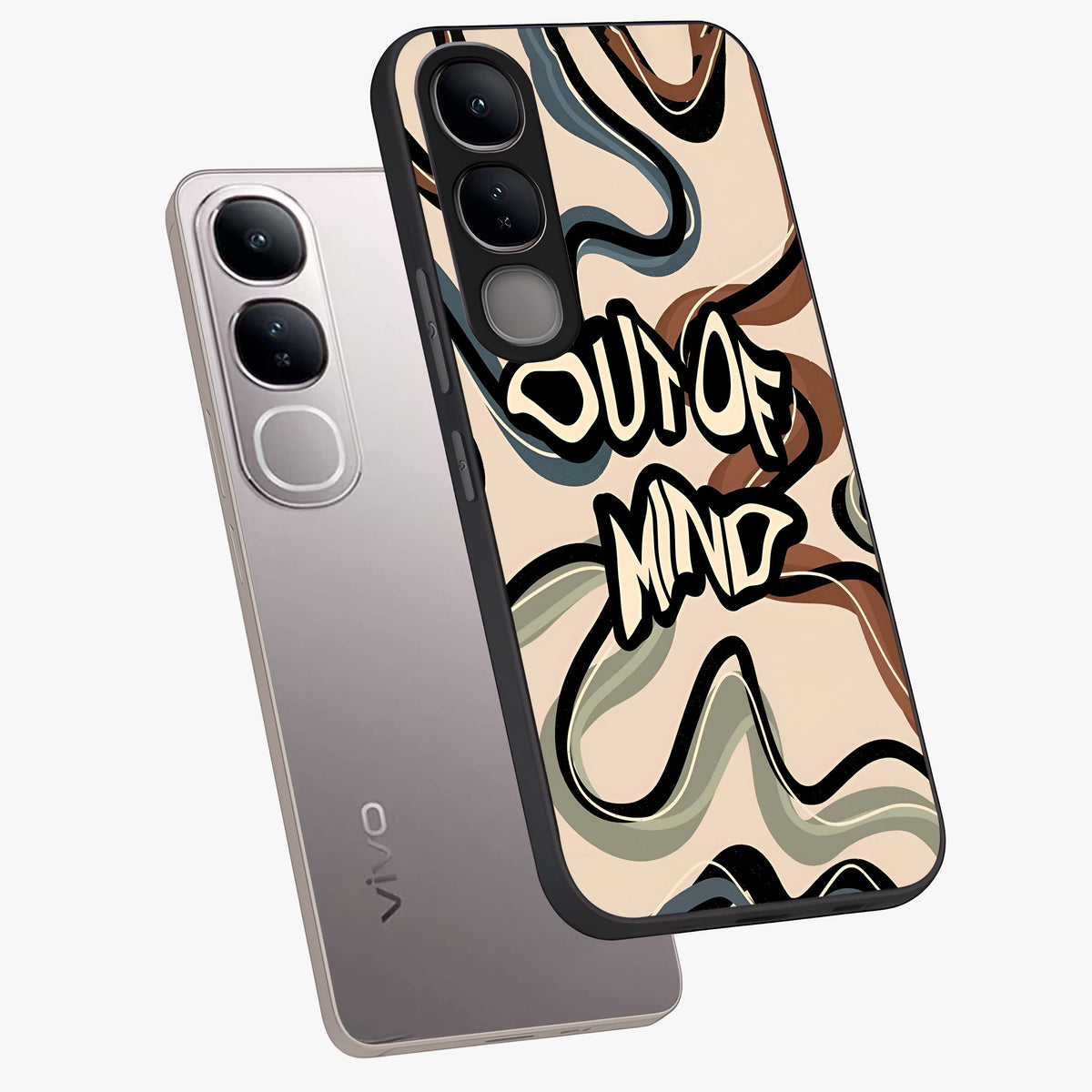 Out Of Mind Glass Case displayed in angled mockup highlighting bold statement design with modern artistic aesthetic.