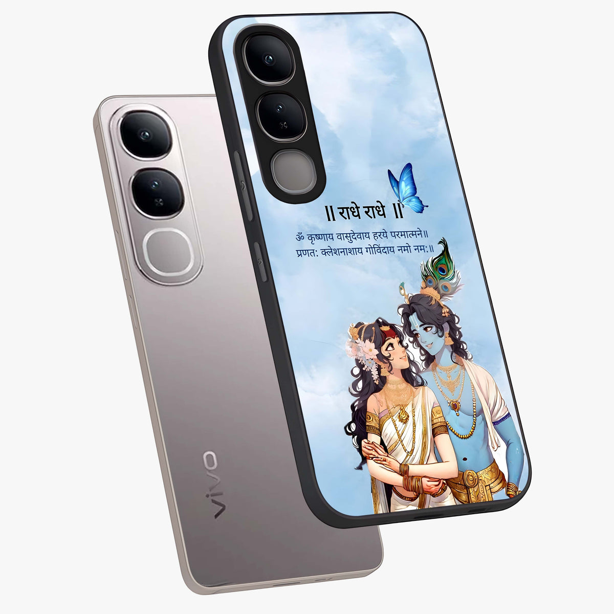 Radha Krishna Eternal Glass Case displayed in angled mockup highlighting divine Radha Krishna illustration with spiritual aesthetic.
