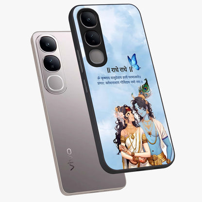 Radha Krishna Eternal Glass Case displayed in angled mockup highlighting divine Radha Krishna illustration with spiritual aesthetic.