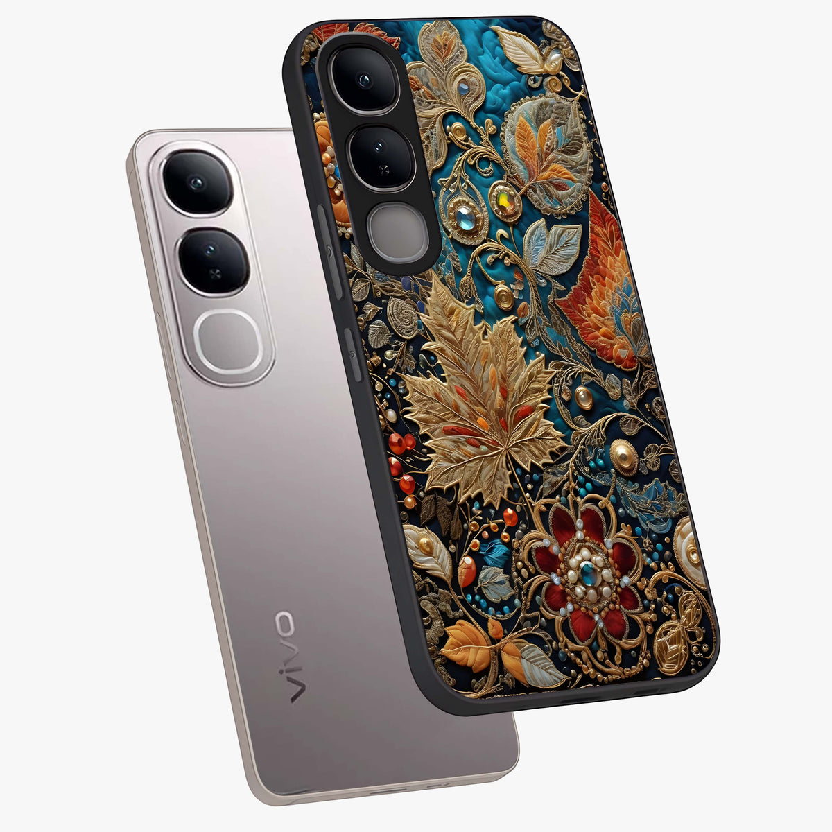 Royal Jewel Garden Glass Case displayed in angled mockup highlighting vibrant jewel inspired floral design with elegant aesthetic.
