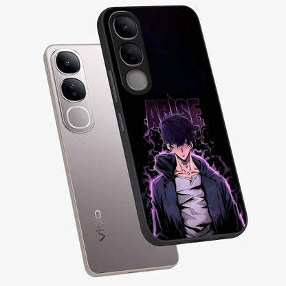 Shadow Monarch Awakening Glass Case displayed in angled mockup highlighting dramatic shadow warrior design with fantasy aesthetic.