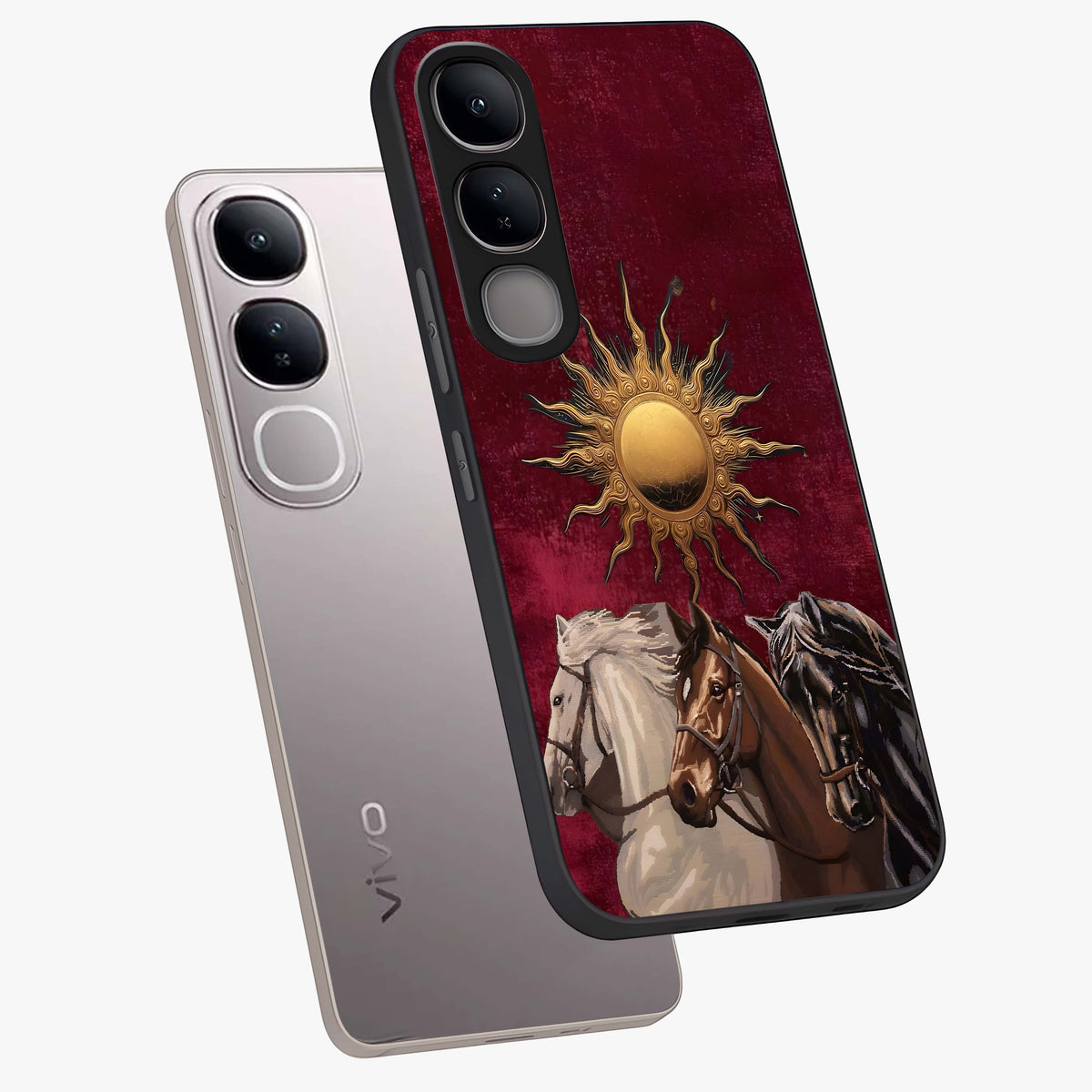 Solar Riders Glass Case displayed in angled mockup highlighting powerful rider illustration with radiant solar aesthetic.