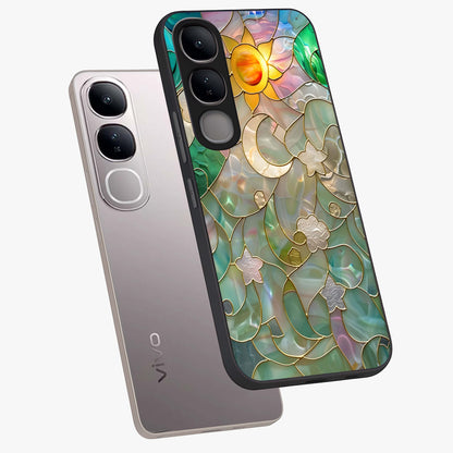 Stained Sunrise Glow Glass Case displayed in angled mockup highlighting radiant sunrise design with artistic aesthetic style.