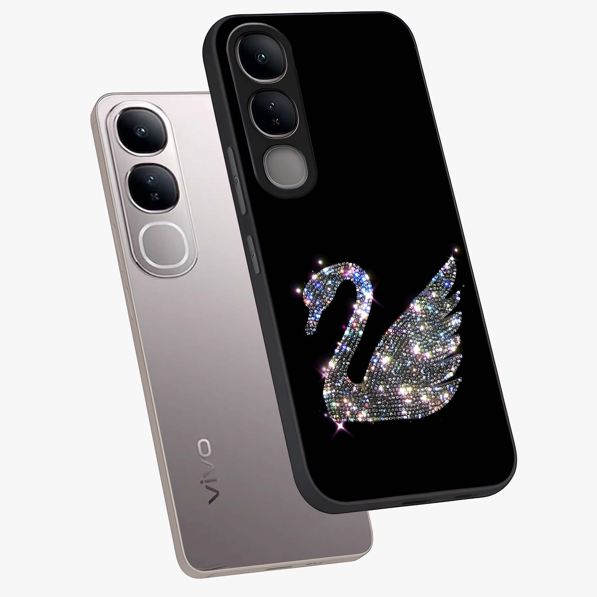 Starlit Swan Grace Glass Case displayed in angled mockup highlighting elegant swan illustration with dreamy celestial aesthetic.