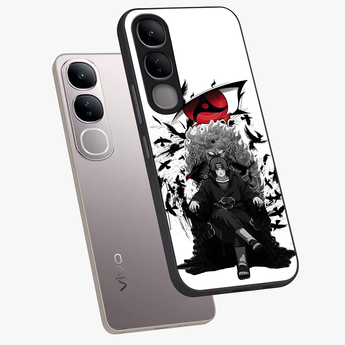 Uchiha Shadow Throne Glass Case displayed in angled mockup highlighting glowing aquatic design with celestial aesthetic.
