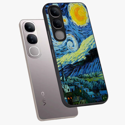 Van Gogh Art Glass Case displayed in angled mockup highlighting swirling brushstroke design with artistic aesthetic.