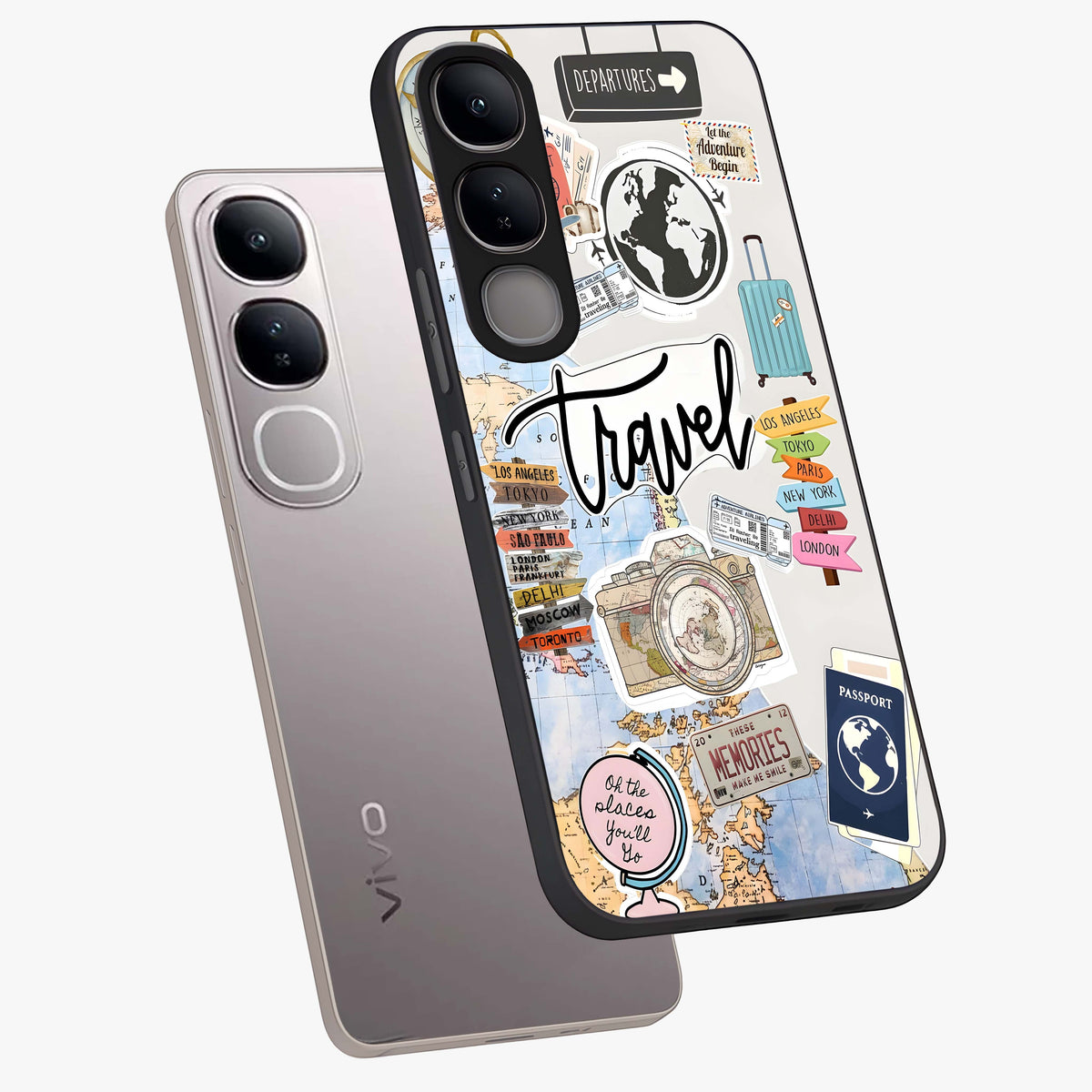 Wanderlust Journal Glass Case displayed in angled mockup highlighting adventure themed design with aesthetic travel vibe.