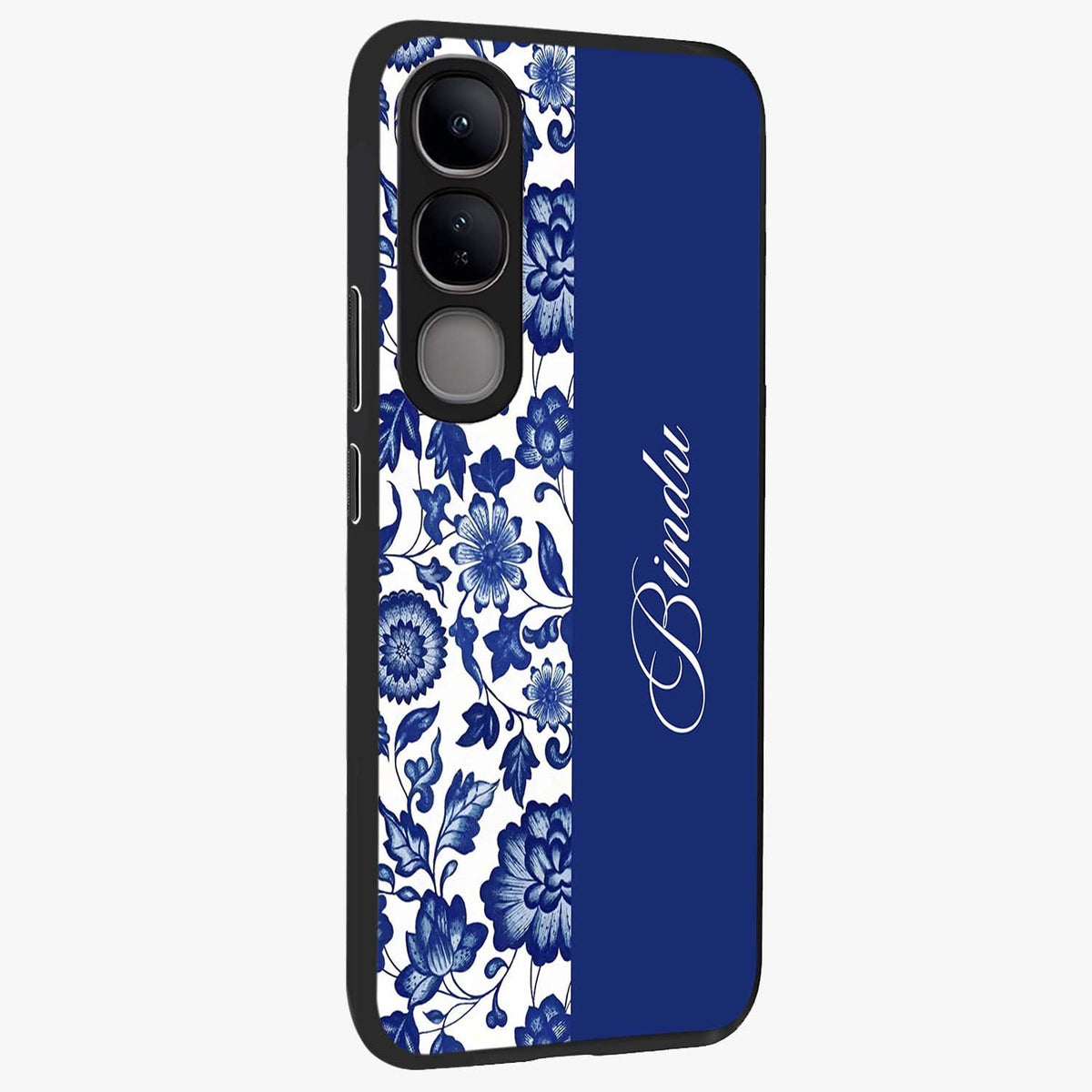 Blue Vintage Floral Pattern Glass Case upright view showcasing delicate blush floral texture with modern minimal style.