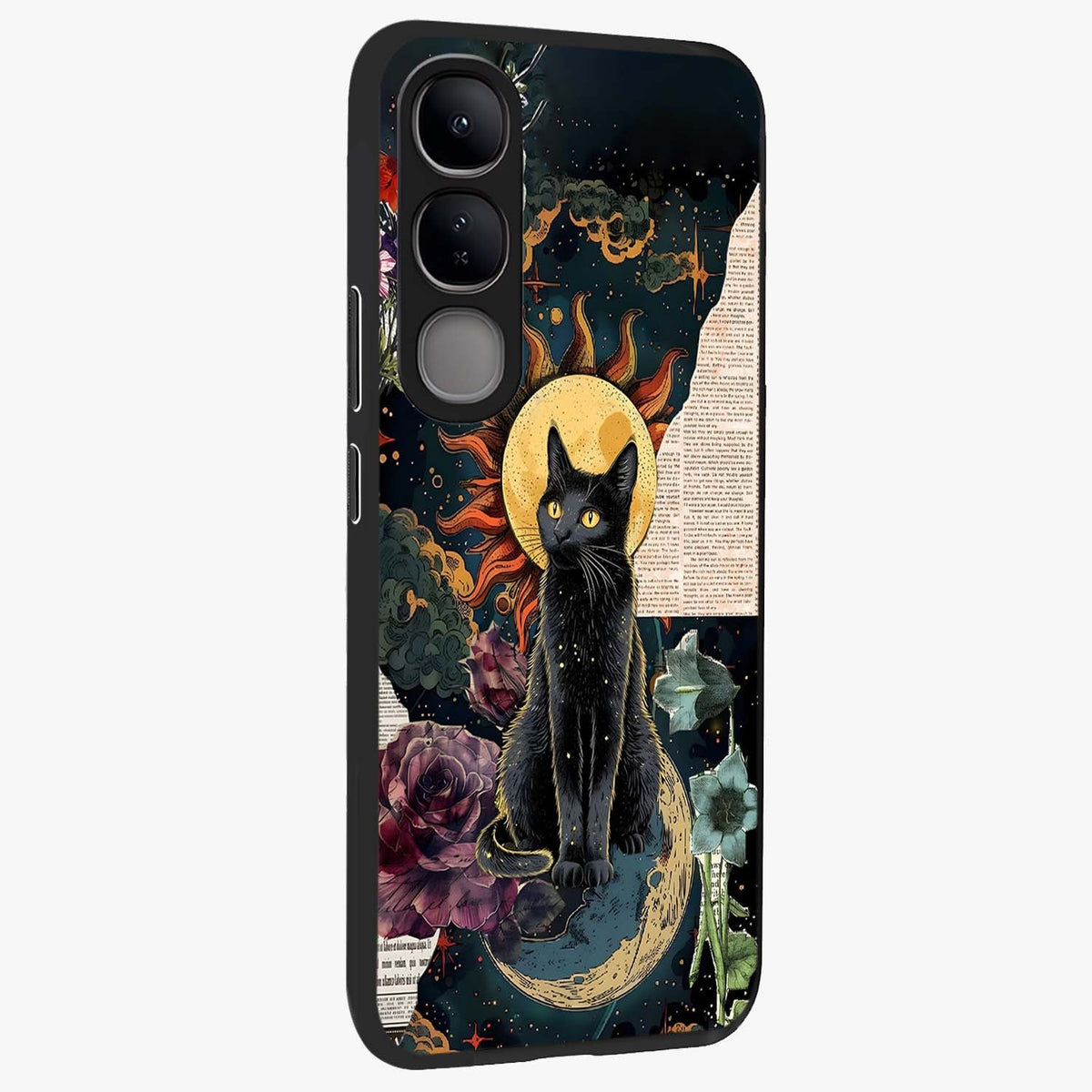 Celestial Black Cat Glass Case upright view showcasing magical black cat illustration with starry cosmic theme.