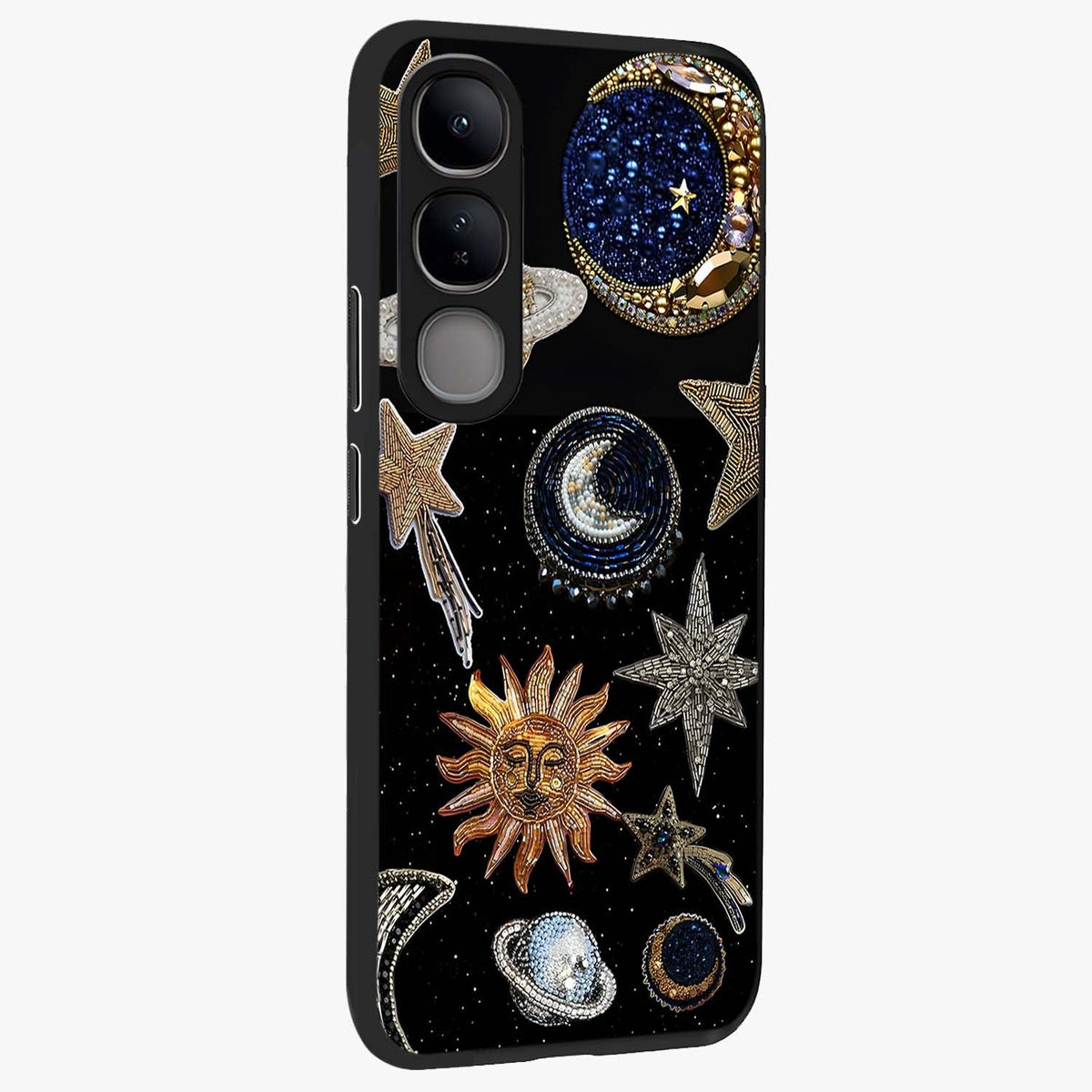 Celestial Gem Constellations Glass Case upright view showcasing cosmic constellation artwork with celestial aesthetic style.