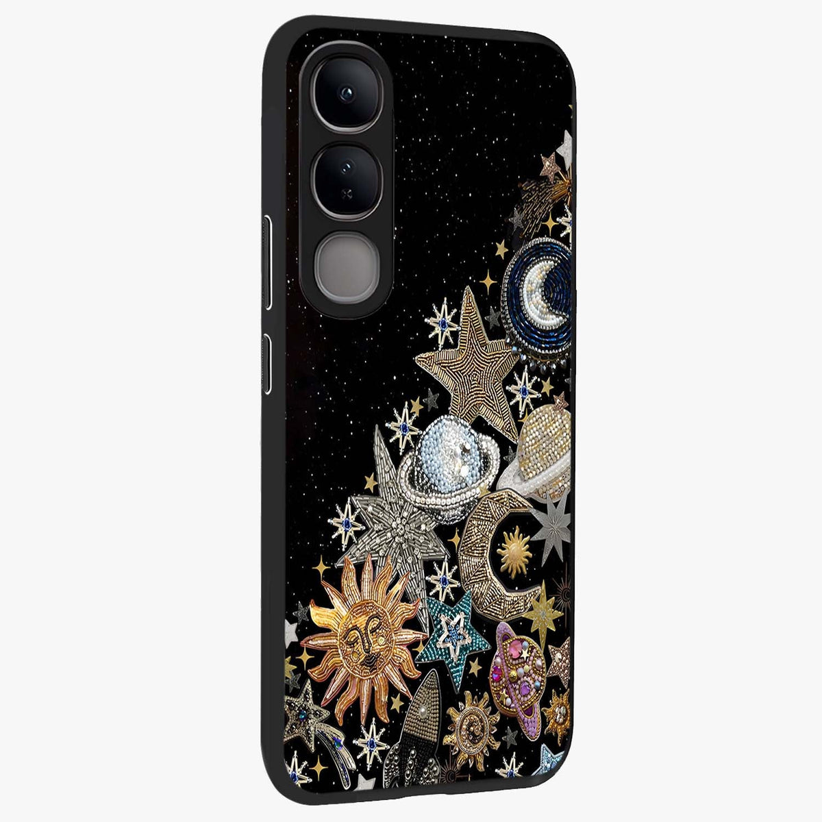 Cosmic Sparkle Dreams Glass Case upright view showcasing glowing cosmic artwork with magical galaxy theme.