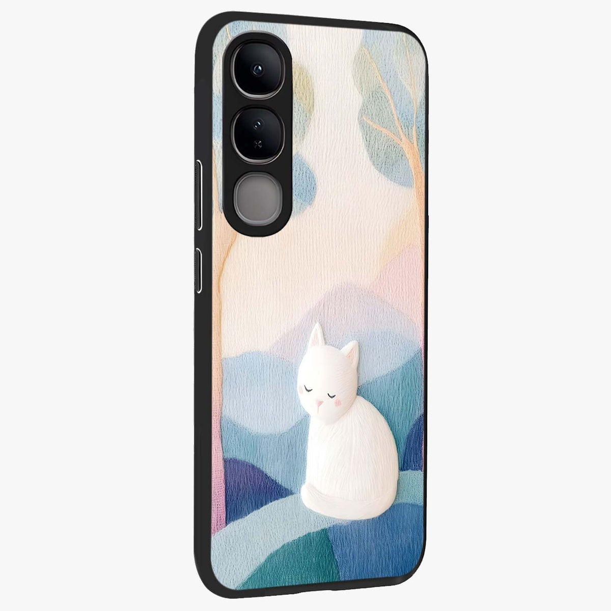 Cotton Dream Cat Glass Case upright view showcasing charming cat artwork with cozy dreamy theme.