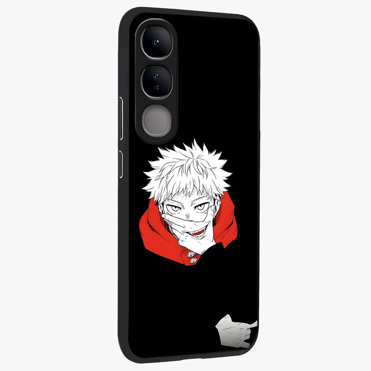 Crimson Chaos Smile Glass Case upright view showcasing expressive chaotic artwork with striking visual theme.