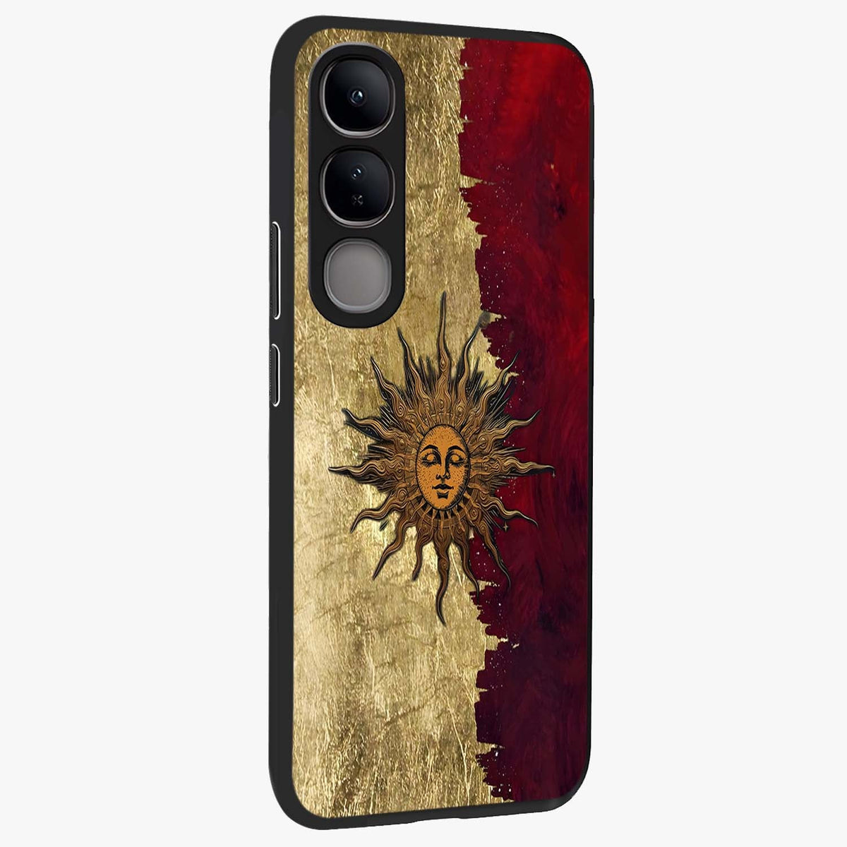 Crimson Sun Majesty Glass Case upright view showcasing vibrant sun artwork with powerful celestial theme.