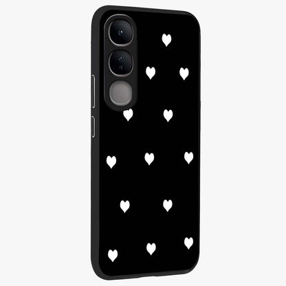 Cute And Simple White Hearts Glass Case upright view showcasing simple white hearts artwork with soft minimal theme.