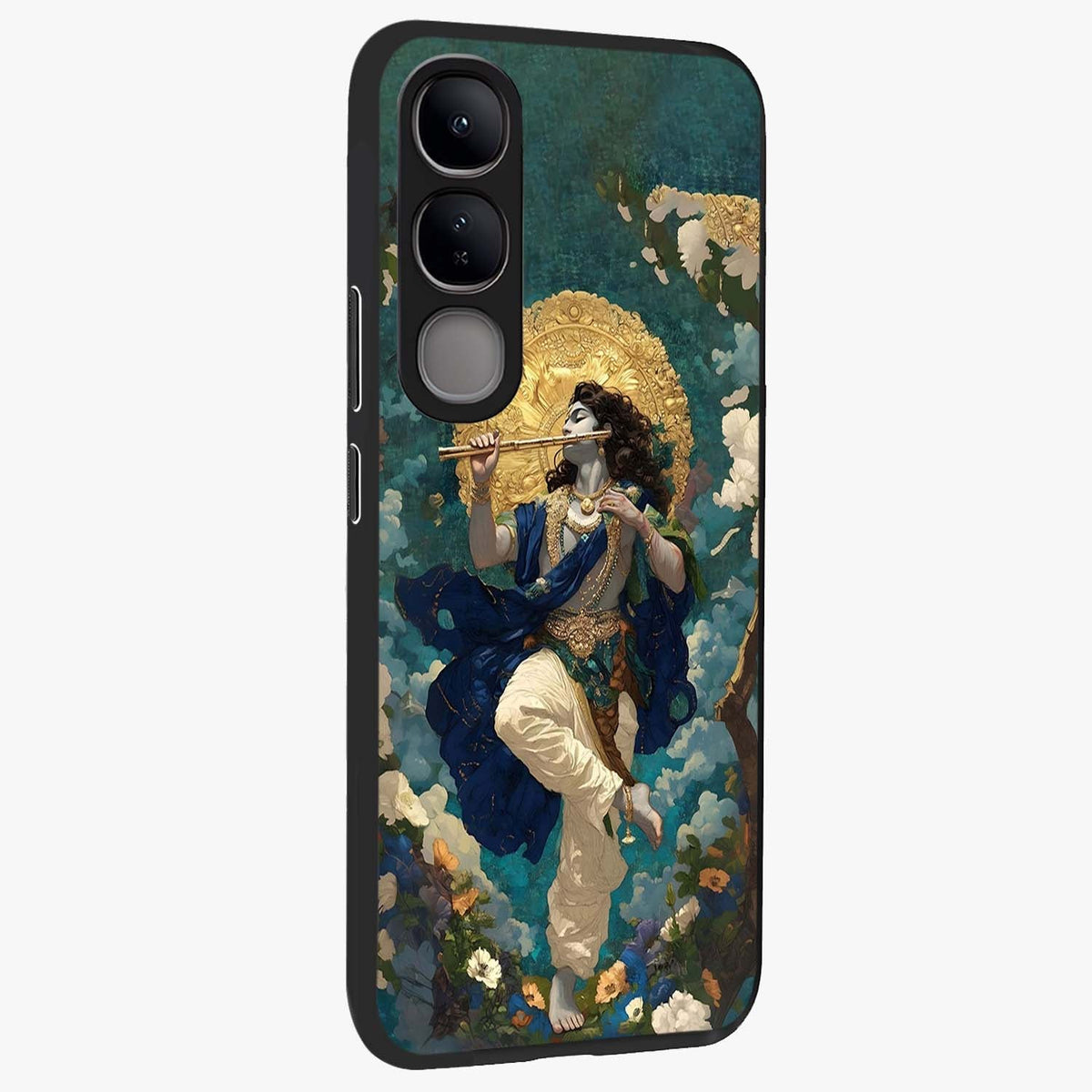 Divine Krishna Art Glass Case upright view showcasing divine Krishna artwork with sacred artistic theme.