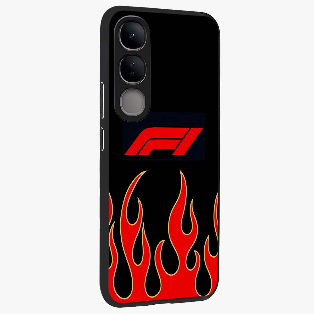 Fire F11 Glass Case upright view showcasing dynamic flame artwork with intense visual theme.