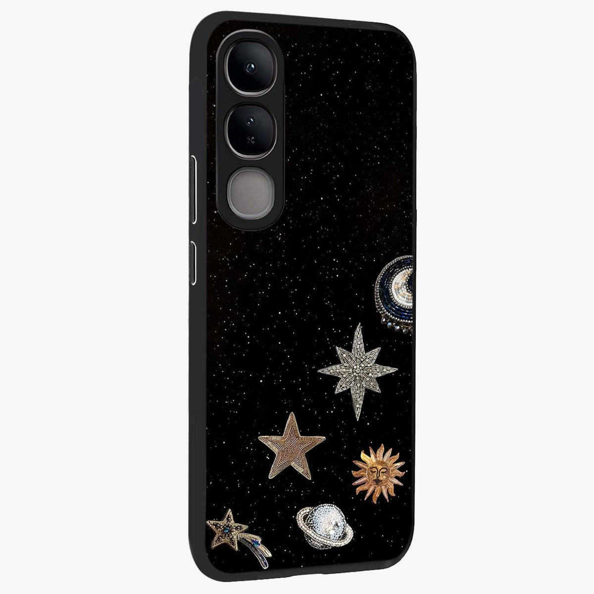 Galactic Charm Glow Glass Case upright view showcasing glowing cosmic charm artwork with magical celestial style.