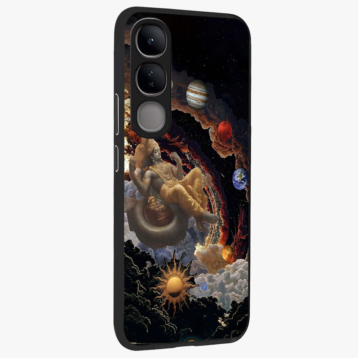 Galactic Divine God Glass Case upright view showcasing mystical divine artwork with dramatic cosmic theme.