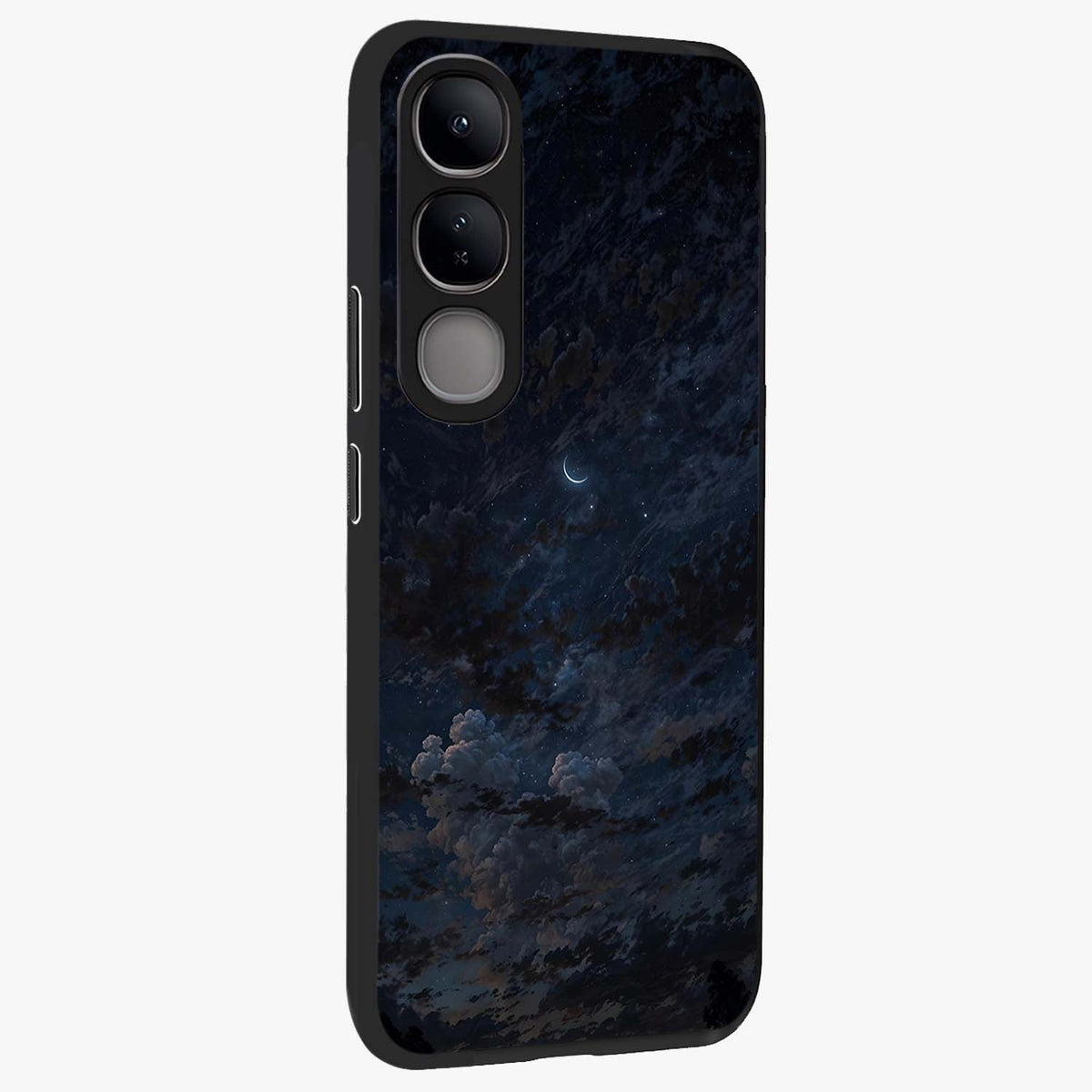 Lunar Veil Silence Glass Case upright view showcasing calm moon themed artwork with serene night atmosphere.