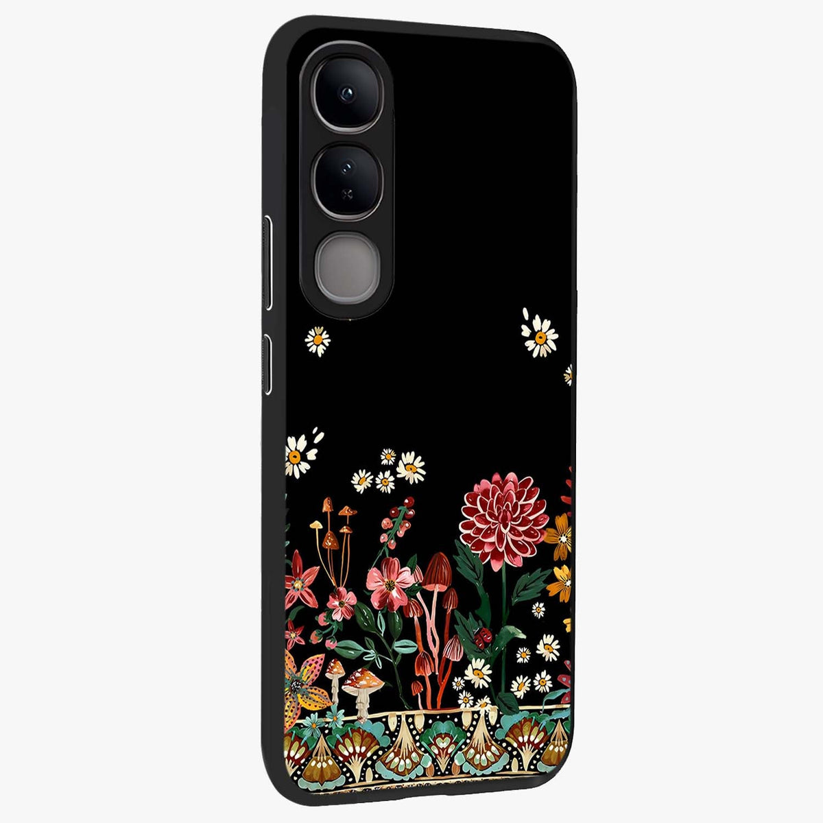 Midnight Bloom Pattern Glass Case upright view showcasing decorative floral artwork with deep night themed palette.