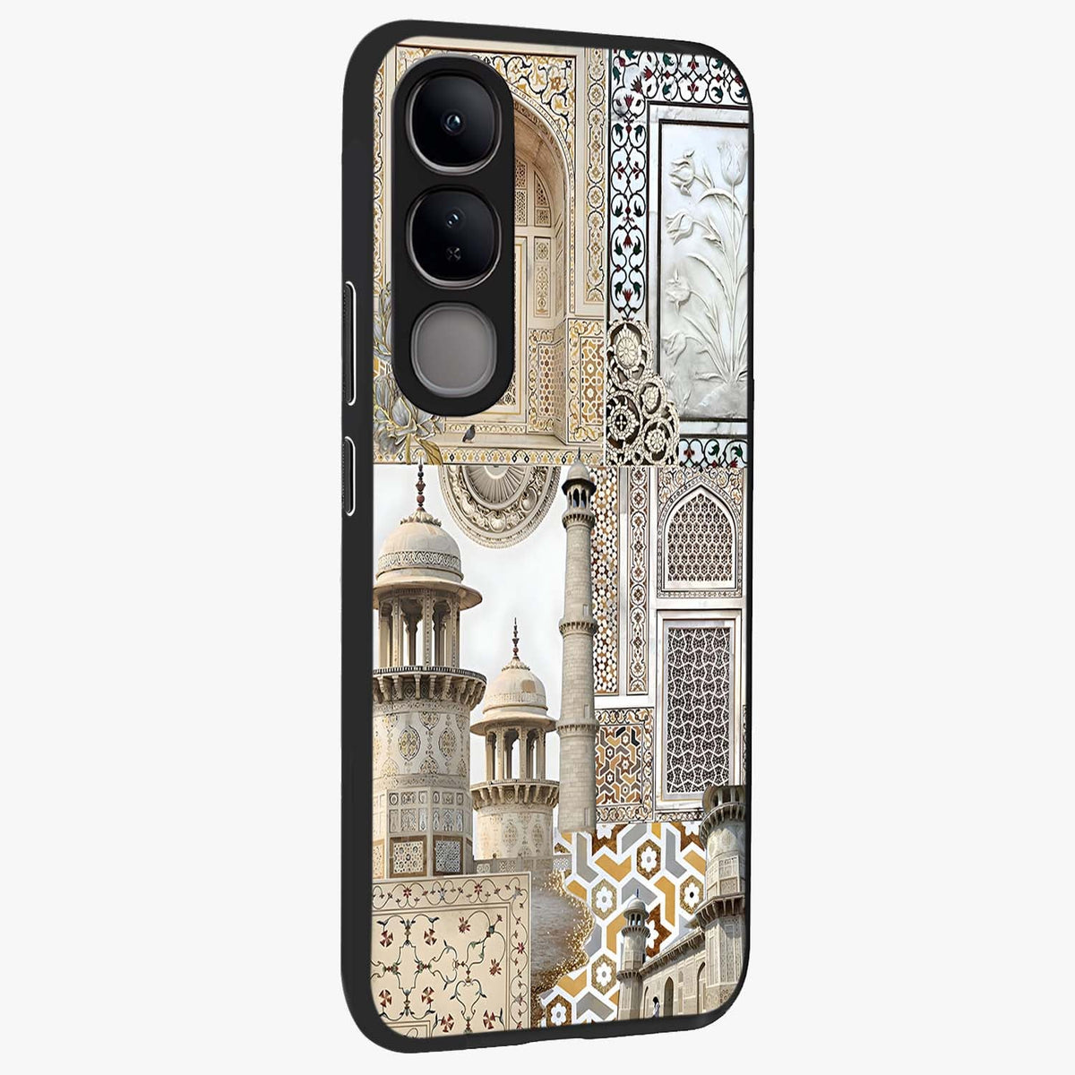 Mughal Marble Legacy Glass Case upright view showcasing ornate Mughal design with luxurious traditional theme.