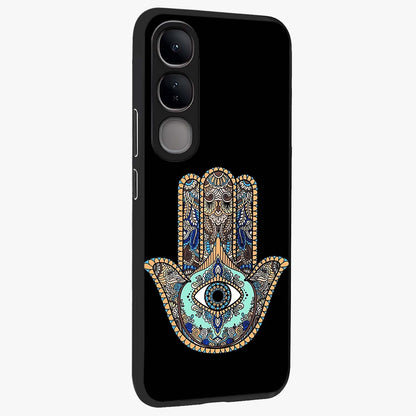 Mystic Hamsa Eye Glass Case upright view showcasing detailed hamsa eye artwork with protective spiritual theme.