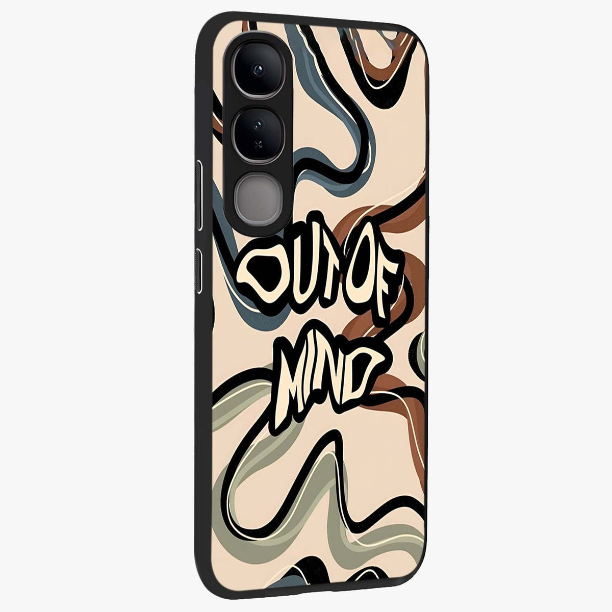 Out Of Mind Glass Case upright view showcasing striking typography artwork with edgy conceptual theme.