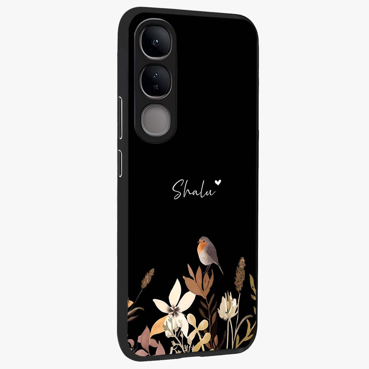 Quiet Garden Tune Custom Name Glass Case upright view showcasing serene botanical artwork with personalized aesthetic.
