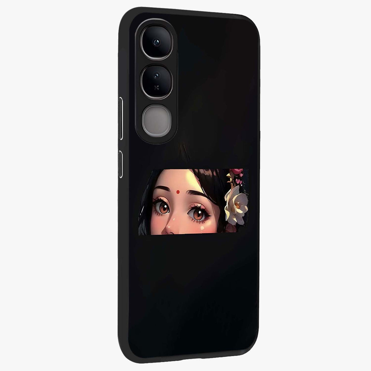Radha Divine Embrace Glass Case upright view showcasing sacred Radha themed artwork with peaceful devotional style.