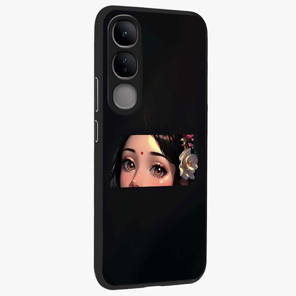 Radha Divine Embrace Glass Case upright view showcasing sacred Radha themed artwork with peaceful devotional style.