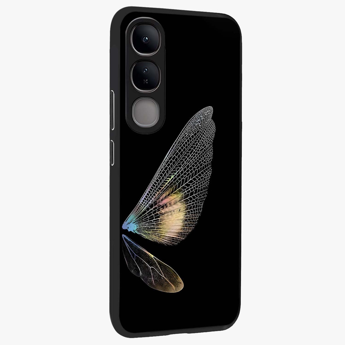 Whispers Of Wings Glass Case upright view showcasing elegant wing artwork with light airy theme.