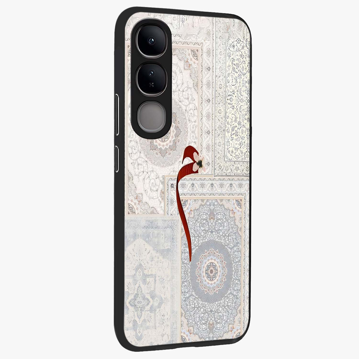 White Aesthetic Bow Glass Case upright view showcasing delicate ribbon bow artwork with cute minimalist theme.