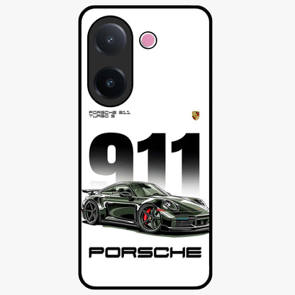 911 Turbo Dominance Glass Case showing clean flat back view with bold 911 sports car artwork and glossy glass finish.