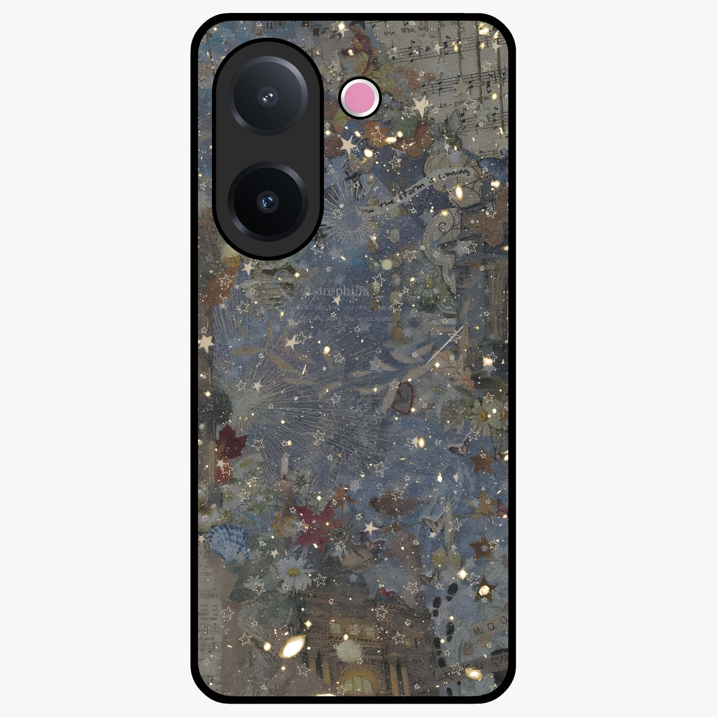 Aesthetic Astrolophia Glass Case showing flat back view with dreamy aesthetic design and glossy glass finish.