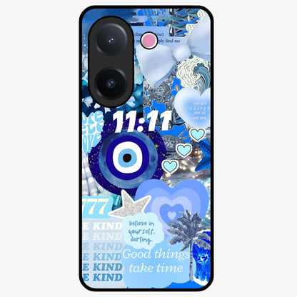 Aesthetic Be Kind Eye Glass Case showing flat back view with motivational eye artwork and glossy glass finish.