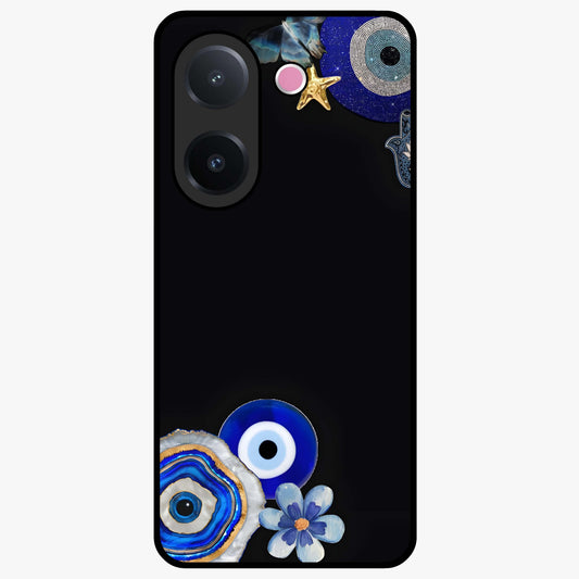 Aesthetic Blue Evil Eye Glass Case showing flat back view with protective evil eye artwork and glossy glass finish.