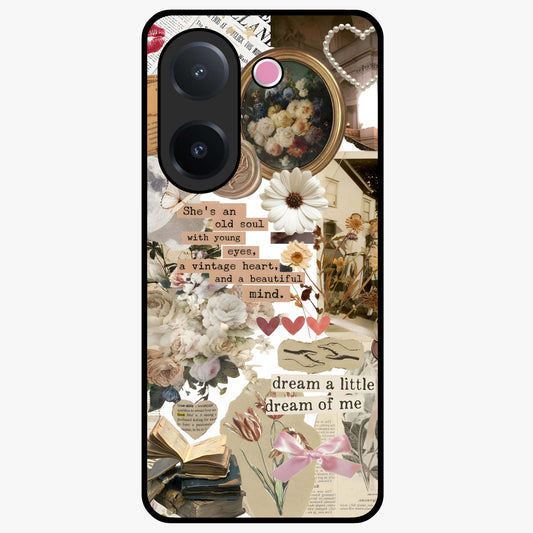 Aesthetic Brown Vintage Collage Glass Case showing flat back view with retro collage artwork and glossy glass finish.