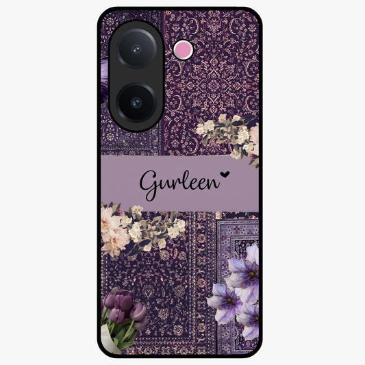 Antique Floral Whisper Custom Name Glass Case showing flat back view with vintage floral artwork and personalized name design.