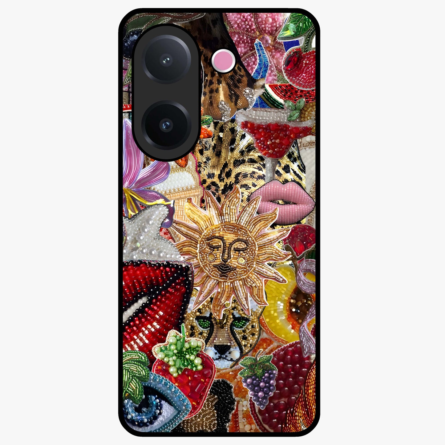 Beaded Fashion Jungle Glass Case showing flat back view with vibrant jungle inspired bead artwork and glossy glass finish.
