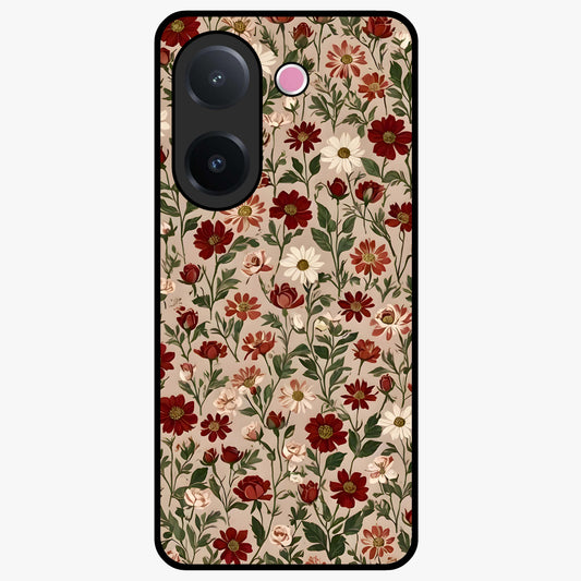 Biege Flower With Leaf Glass Case showing flat back view with soft beige floral artwork and glossy glass finish.