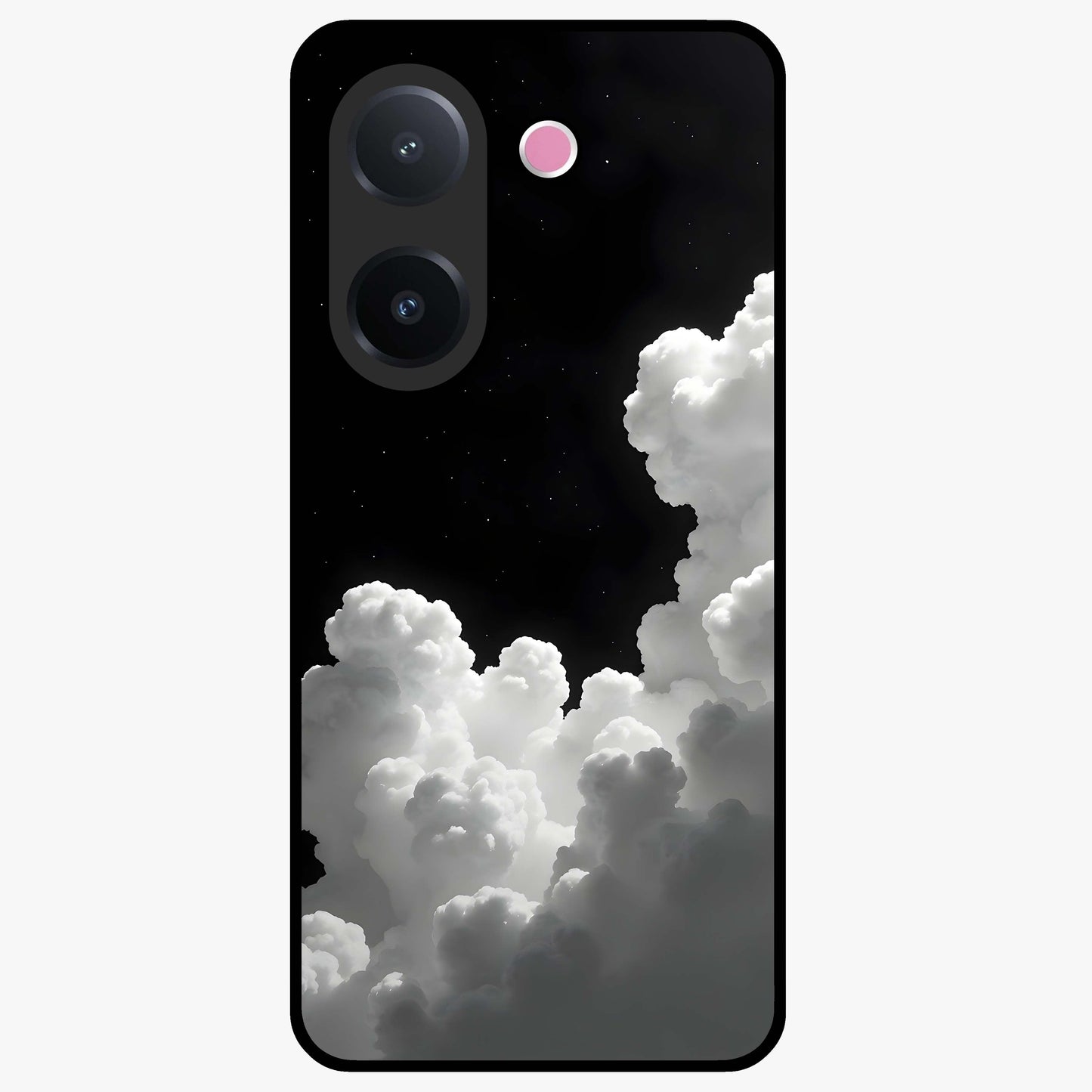Black Background With White Cloud Glass Case showing flat back view with minimal cloud artwork on dark background and glossy glass finish.