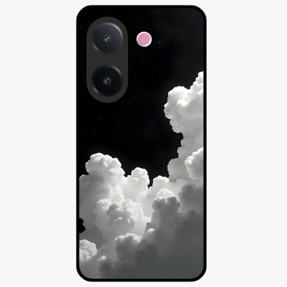 Black Background With White Cloud Glass Case showing flat back view with minimal cloud artwork on dark background and glossy glass finish.