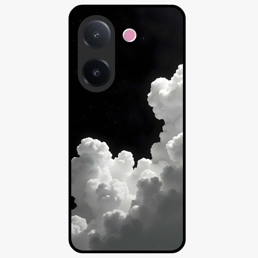 Black Background With White Cloud Glass Case showing flat back view with minimal cloud artwork on dark background and glossy glass finish.