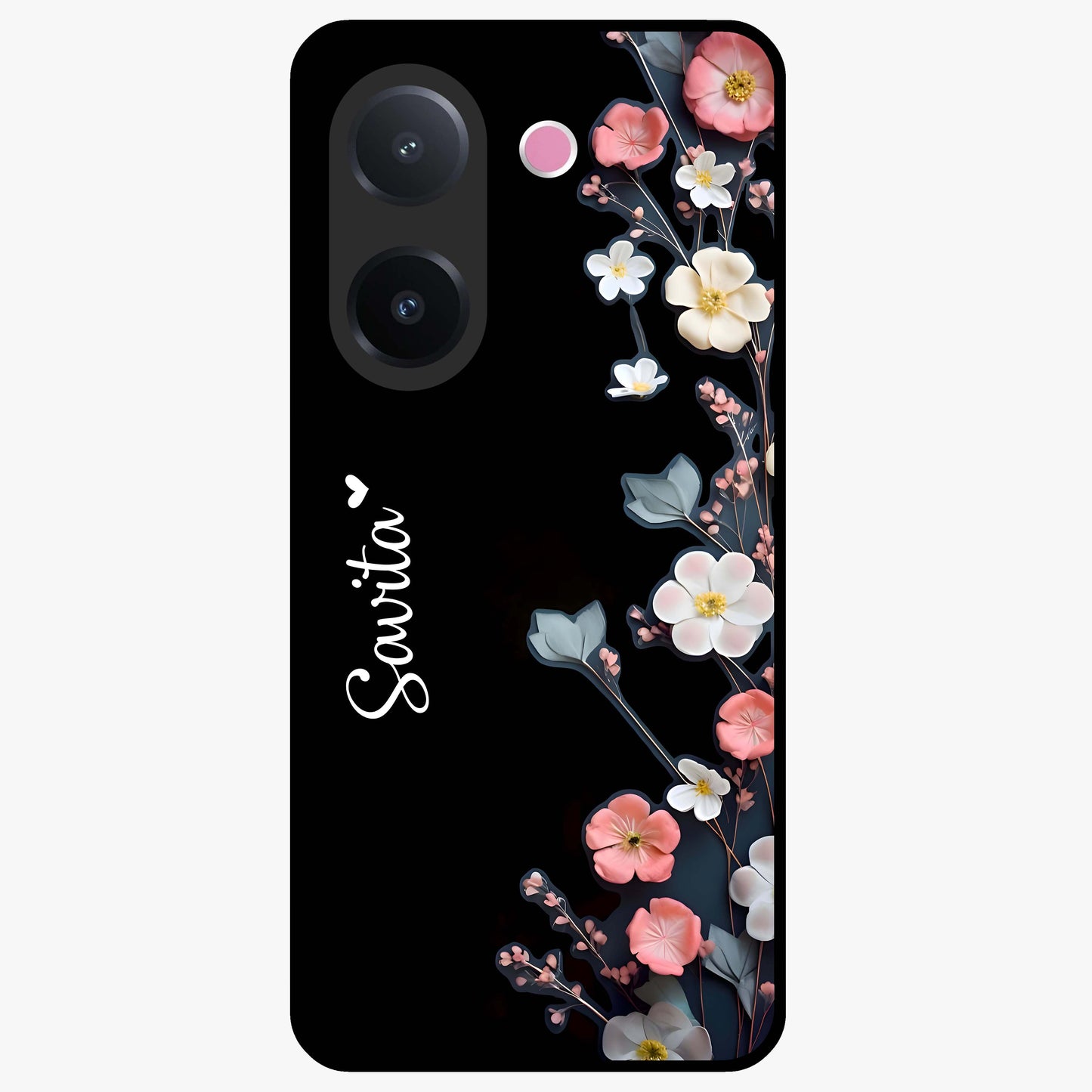 Black Elegance Floral Custom Name Glass Case showing flat back view with elegant floral artwork and personalized name design.