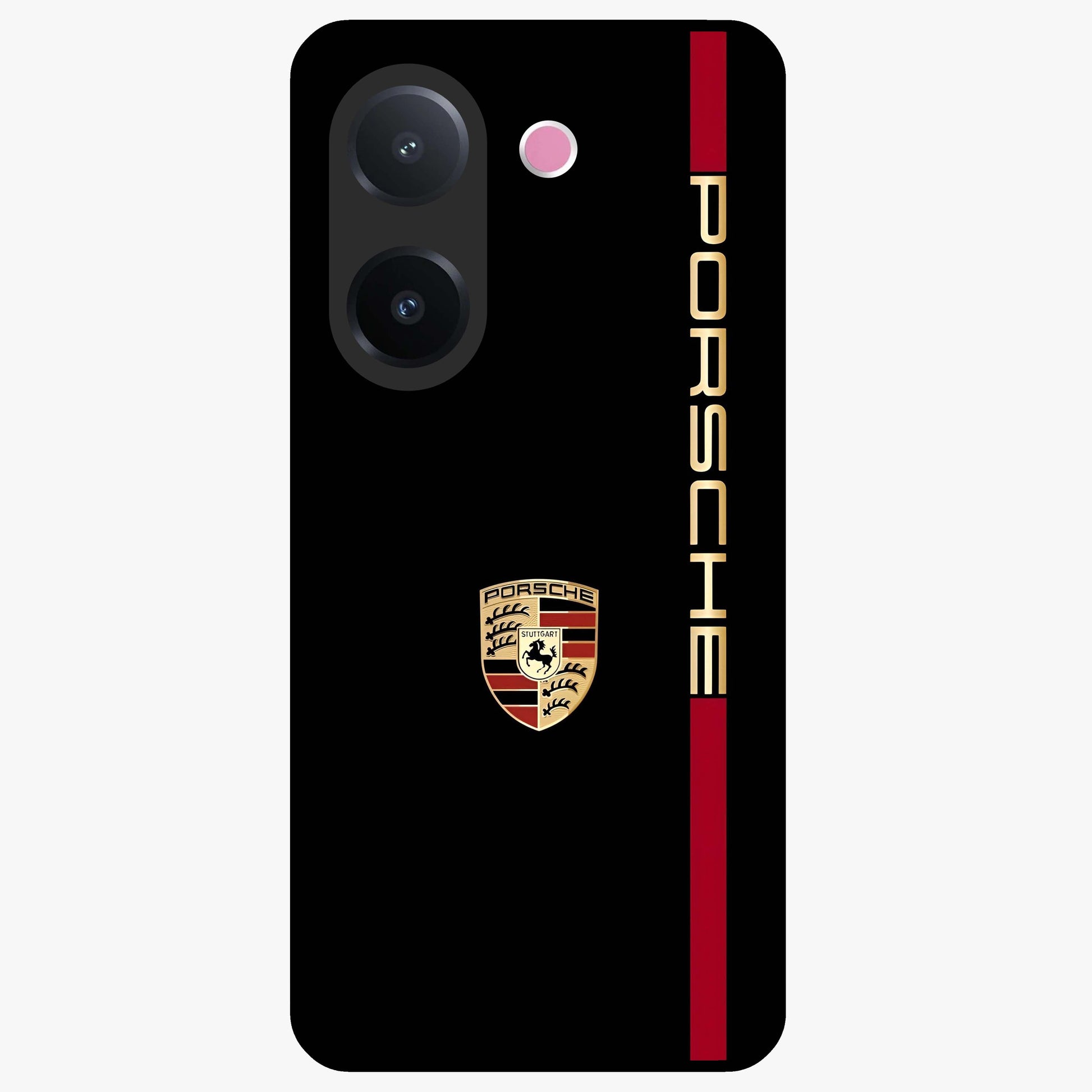 Black Minimal Porsche Glass Case showing flat back view with sleek minimal sports car artwork and glossy glass finish.