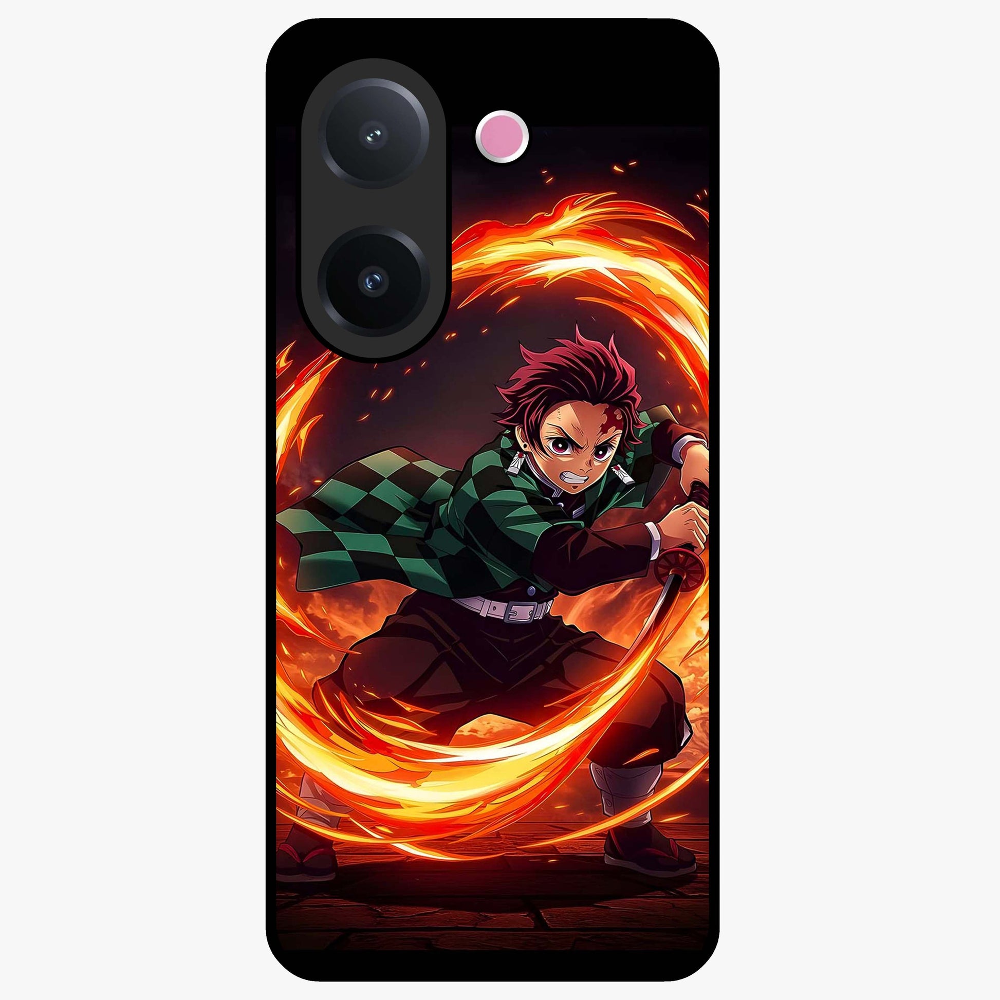 Blazing Sword Resolve Glass Case showing flat back view with fiery sword artwork and glossy glass finish.