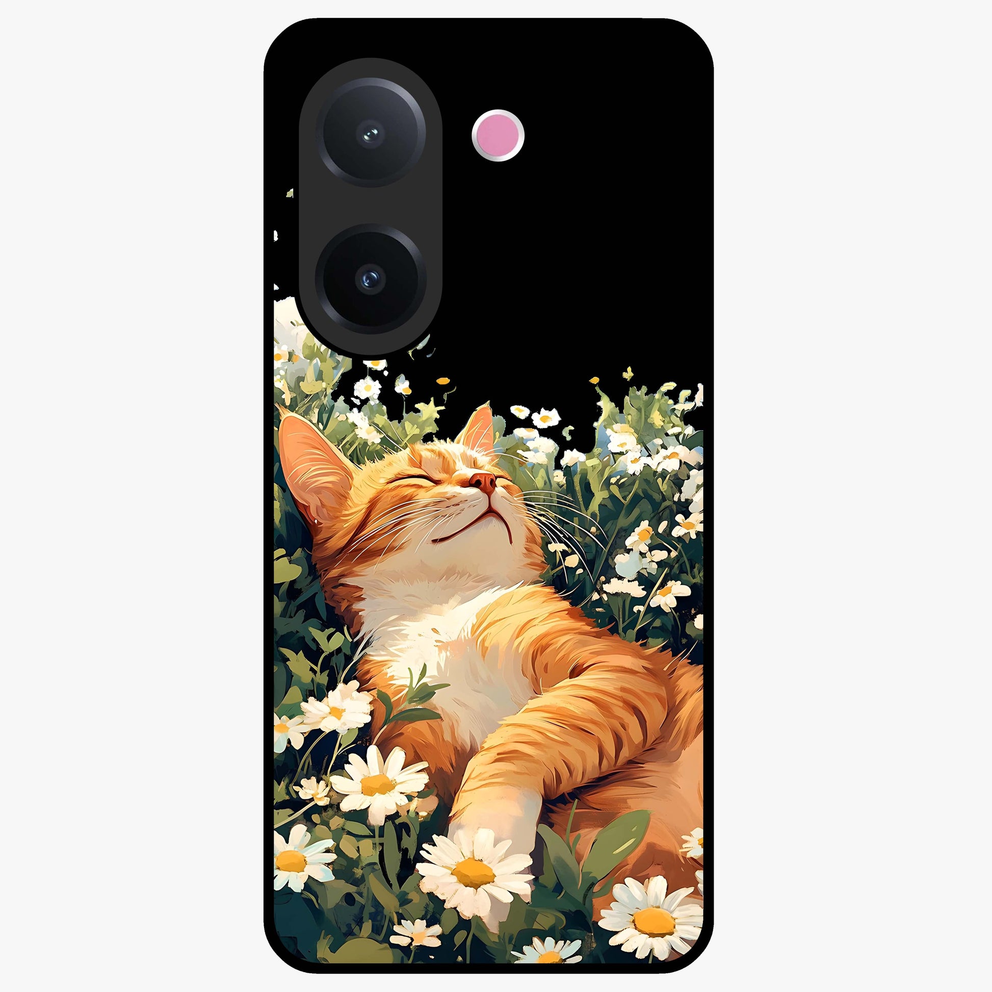 Blissful Bloom Cat Glass Case showing flat back view with cute cat and floral bloom artwork and glossy glass finish.