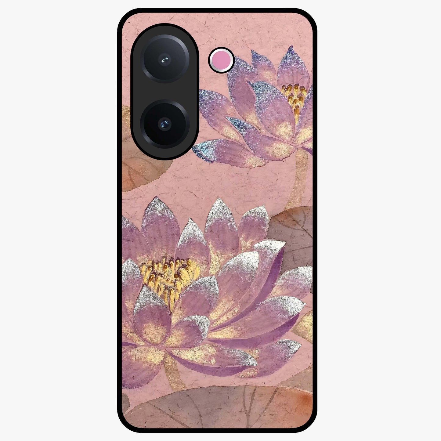 Blossom Mist Lotus Glass Case showing flat back view with serene lotus blossom artwork and glossy glass finish.