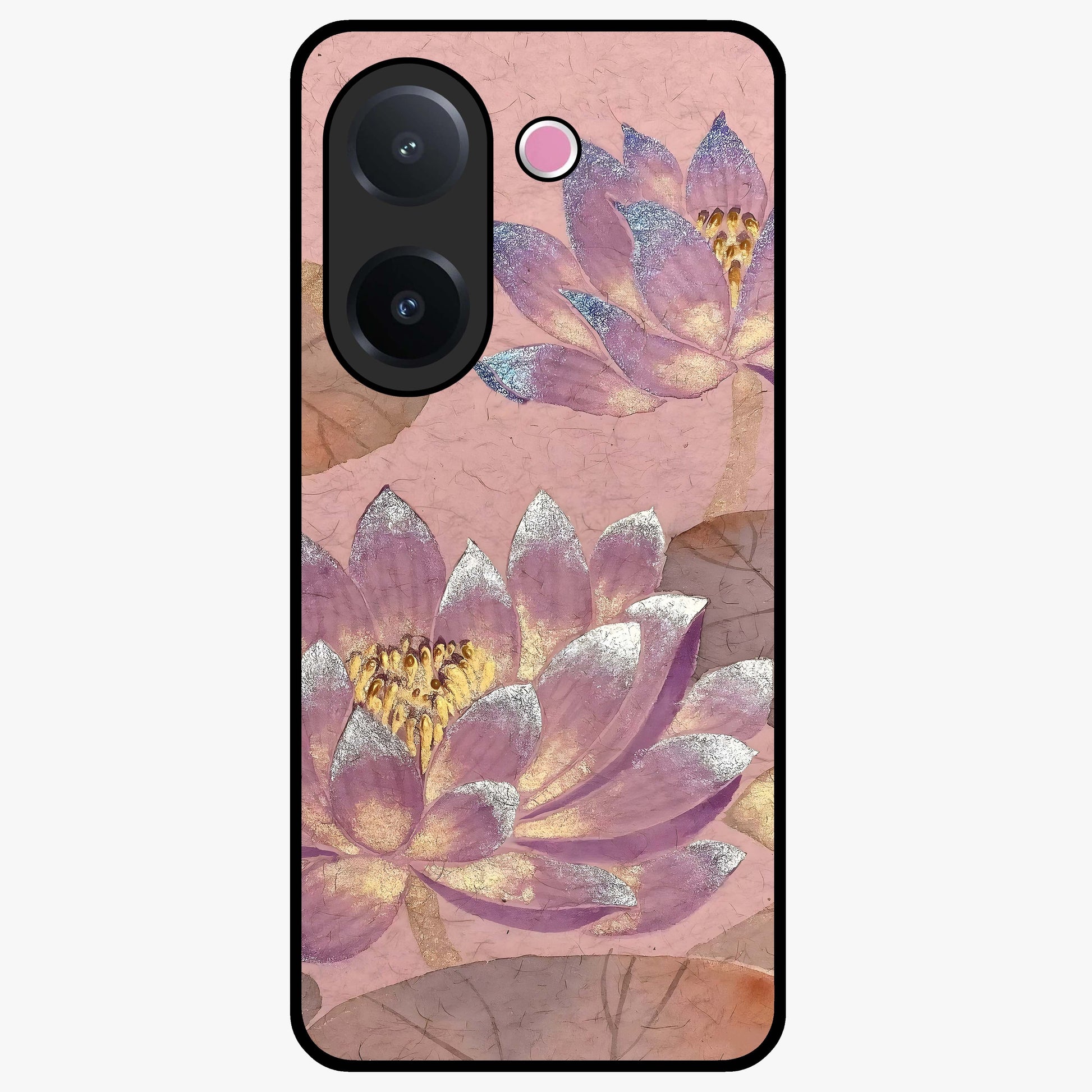 Blossom Mist Lotus Glass Case showing flat back view with serene lotus blossom artwork and glossy glass finish.